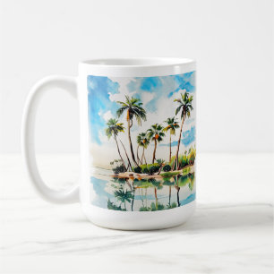 Taza De Café Paraíso de la isla del Caribe Acuarela Palmeras v2