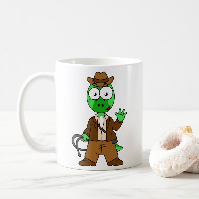 Taza De Café Parasaurolophus Vestido Como Indiana Jones. (Con donut)