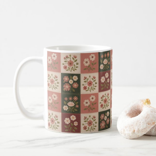 Taza De Café Parche Floral Rústico Sin Costuras (Con donut)