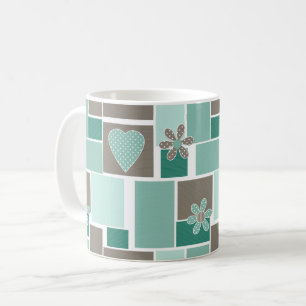 Taza De Café Parcheado marrón turquesa de parches cuadrados