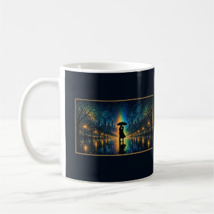 Taza De Café Pareja bajo paraguas arcoíris lluvia ciudad noche