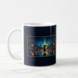 Taza De Café Pareja bajo paraguas luces de la ciudad en la lluv