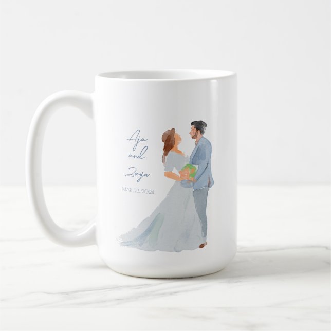 Taza De Café Pareja Boda Gris Azul Mug con fecha personalizada (Izquierda)