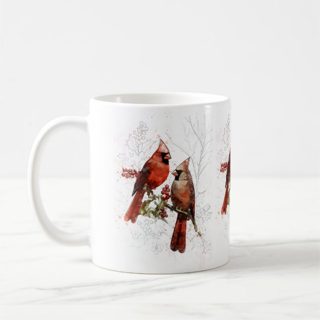 Taza De Café Pareja cardinal paro acuarela pintada a mano (Izquierda)