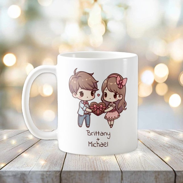 Taza De Café Pareja de San Valentín de estilo Chibi personaliza (Cute Personalized Chibi-style Valentine Couple mug)