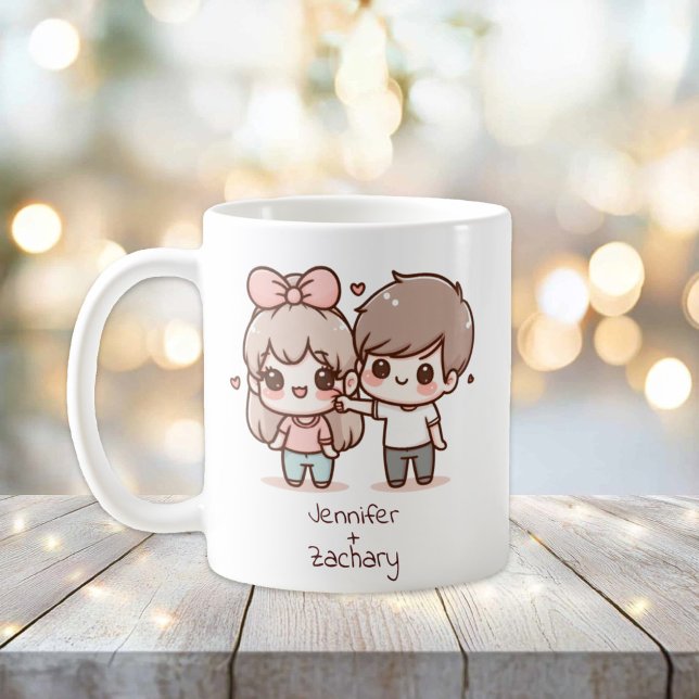 Taza De Café Pareja de vuelo personalizada de tipo Chibi (Personalized Chibi-Style Flirting Couple Mug)