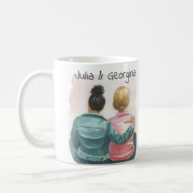 Taza De Café Pareja lesbiana acuarela personalizada (Izquierda)