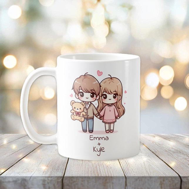 Taza De Café Pareja personalizada de Oso de Teddy con estilo Ch (Personalized Chibi-Style Teddy Bear Couple Mug)