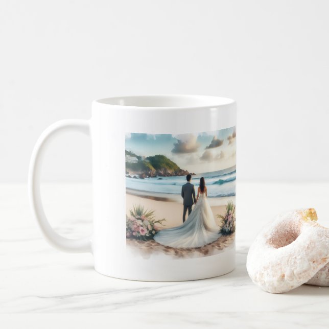 Taza De Café Parejas de Playa de Boda (Con donut)