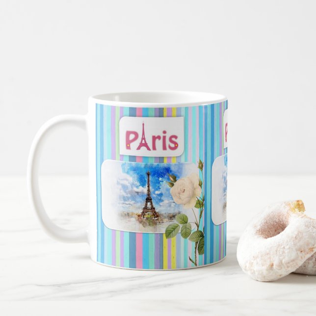 Taza De Café Paris Francia Blue Stripe Mug (Con donut)
