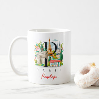 Taza De Café París Francia Monograma Letra P Regalo Personaliza