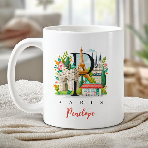 Taza De Café París Francia Monograma Letra P Regalo Personaliza
