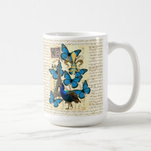 Taza De Café París, pavo real y mariposas