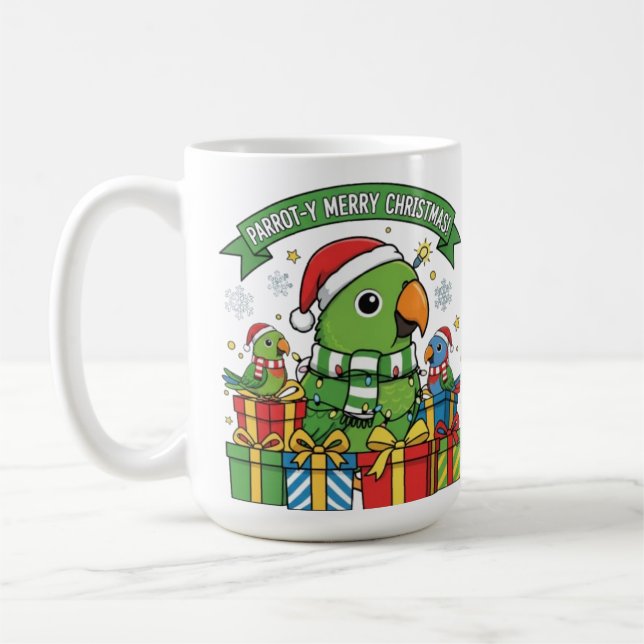 Taza De Café Parrot-y Merry Christmas – Cute Festive Parrot Hol (Izquierda)