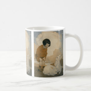 Taza De Café Pascua antigua, niña jugando con conejos blancos