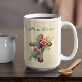 Taza De Café Pascua: Cruz Floral "He is Risen"