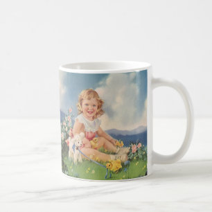 Taza De Café Pascua vintage, Chica con cordero chicharrón en la