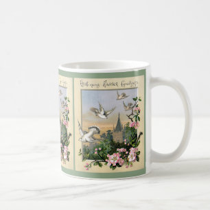 Taza De Café Pascua vintage, palomas blancas y flores