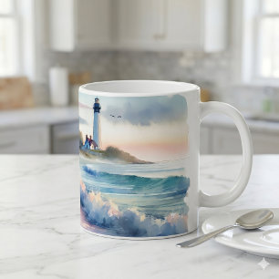 Taza De Café Paseo costero al faro al atardecer