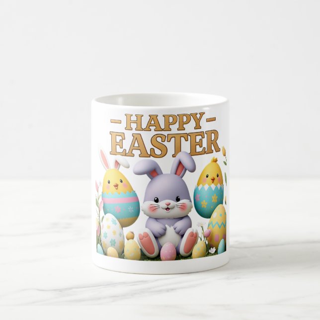Taza De Café Pastel de pollo y conejo en huevo Feliz Pascua (Centro)