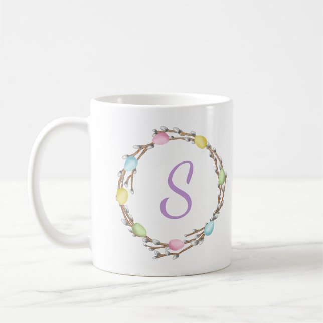 Taza De Café Pastel Easter Willow Wreath With Purple Monogram (Izquierda)