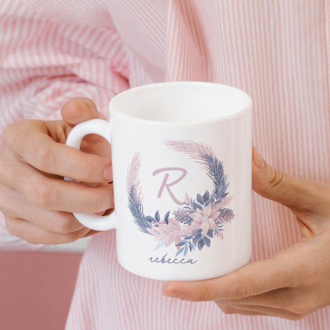 Taza De Café Pastel Floral Monograma Invierno Mug Nombre person (Subido por el creador)