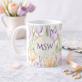 Taza De Café Pastel Peach Purple Tulips Spring Floral Monogram