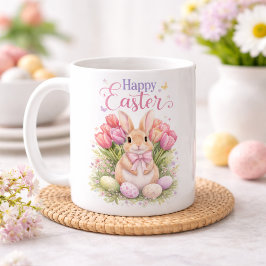 Taza De Café Pastel Pink Tulips Easter Bunny Happy Easter