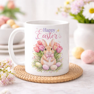 Taza De Café Pastel Pink Tulips Easter Bunny Happy Easter
