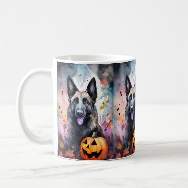 Taza De Café Pastor belga de Halloween con calabazas temerosas (Izquierda)