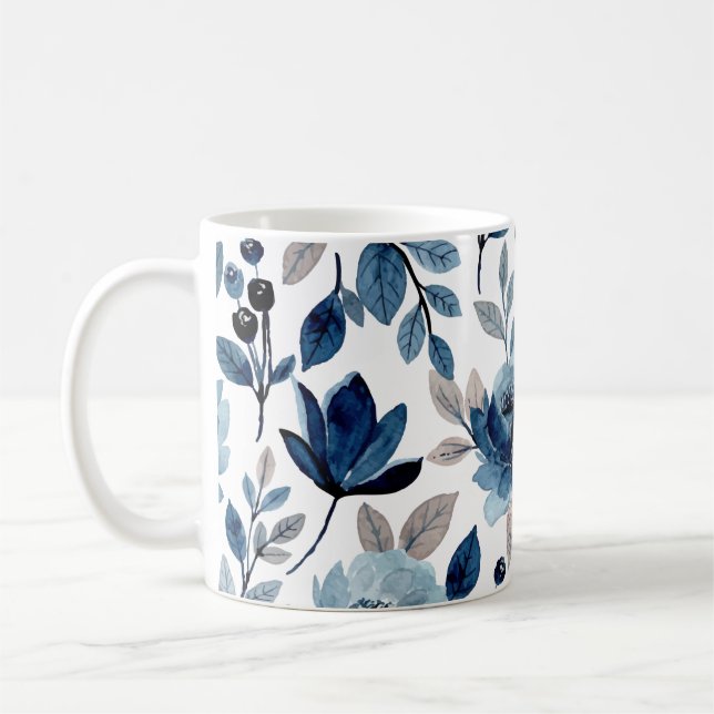 Taza De Café Patrón acuarela floral azul marino (Izquierda)