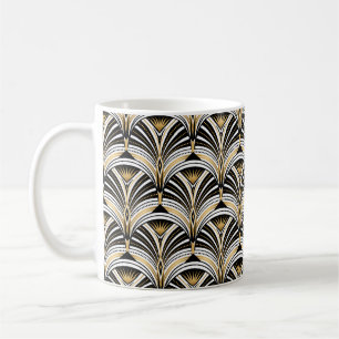 Taza De Café Patrón Art Decó. Retroceso blanco negro de oro vin