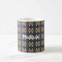 Patrón azul marino naranja floral retro personaliz