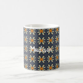 Taza De Café Patrón azul marino naranja floral retro personaliz