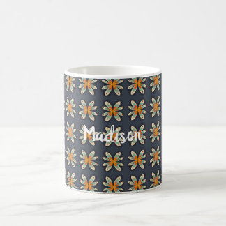 Taza De Café Patrón azul marino naranja floral retro personaliz