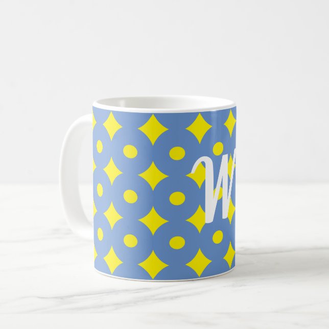 Taza De Café Patrón azul y amarillo bonito, mugre monogramo (Anverso izquierdo)