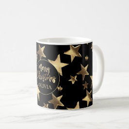 Taza De Café Patrón Black Gold Stars Añadir nombre Feliz Navida