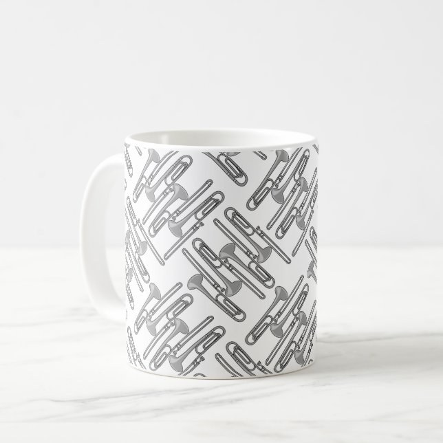 Taza De Café Patrón blanco de crosshatch de trombón gris (Anverso izquierdo)
