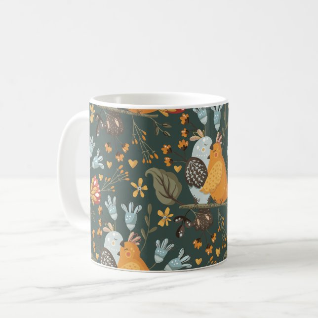 Taza De Café Patrón bohemiano floral de aves amorosas (Anverso izquierdo)