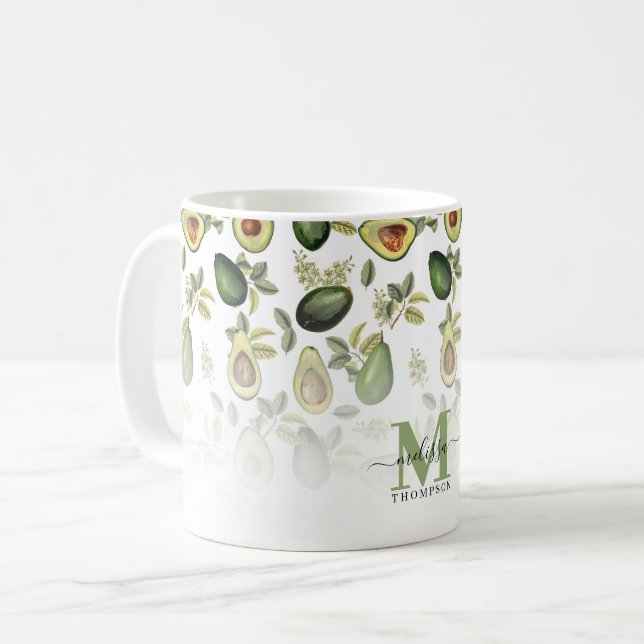 Taza De Café Patrón Botánico Aguacate Verde Monogramado (Anverso izquierdo)