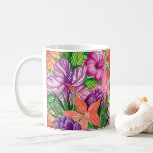 Taza De Café Patrón botánico de las flores tropicales (Con donut)