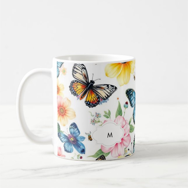 Taza De Café Patrón botánico floral de acuarela monogramado (Izquierda)