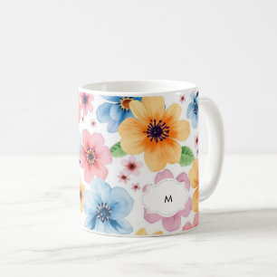 Taza De Café Patrón botánico floral de acuarela monogramado