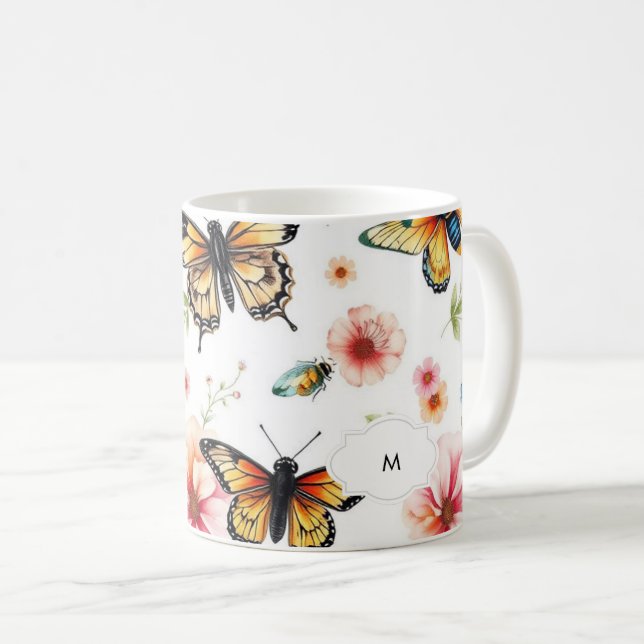 Taza De Café Patrón botánico floral de acuarela monogramado (Anverso derecho)