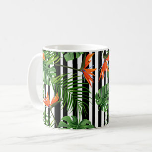 Taza De Café Patrón Botánico Rayado de Monstera Tropical