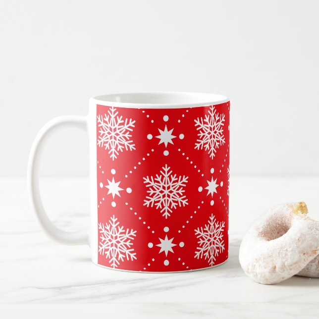 Taza De Café Patrón clásico de Navidades de copos de nieve rojo (Con donut)