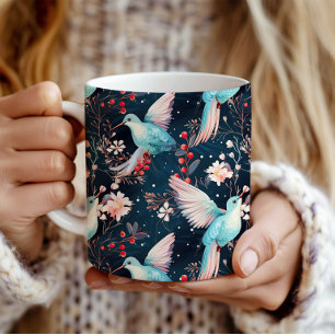 Taza De Café Patrón colorido de flores y colibríes de invierno
