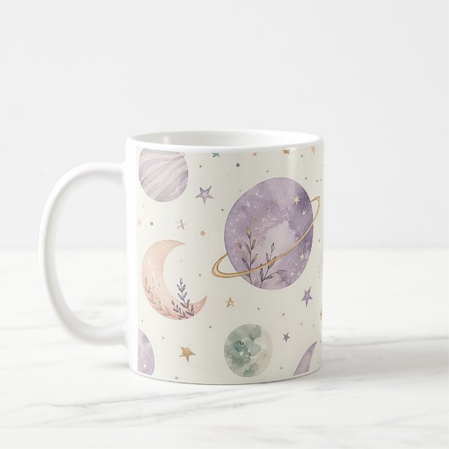 Taza De Café Patrón continuo de boho acuarela espacio y planeta (Izquierda)
