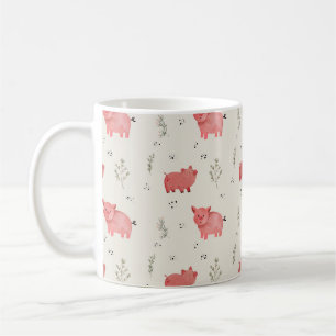 Taza De Café Patrón continuo de cerdos y flores en acuarela