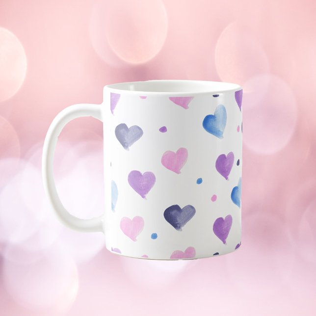 Taza De Café Patrón de acuarela Azul rosa Púrpura (A cute mug with a watercolor pattern of blue, pink and purple hearts and dots.)